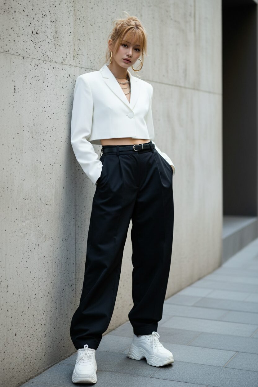 コンクリートの壁を背景にした都会的な場所で、黒いテクニカル素材のバルーンパンツに、クロップド丈の白いジャケットと厚底スニーカーを合わせた、ファッション感度の高い人物。細い黒のベルトでウエストマークし、シルエットを強調している。