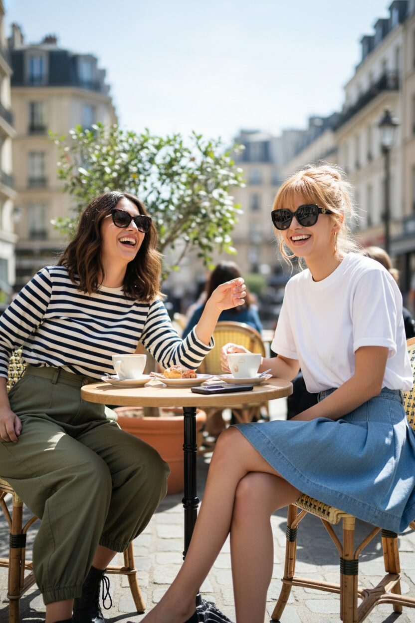 屋外カフェで談笑する二人の女性。一人はライトブルーのデニムバルーンスカートに白いTシャツ、もう一人はオリーブグリーンのバルーンパンツにボーダーのトップスを合わせている。バルーンシルエットの汎用性と楽しさが伝わる、リラックスした雰囲気の写真。