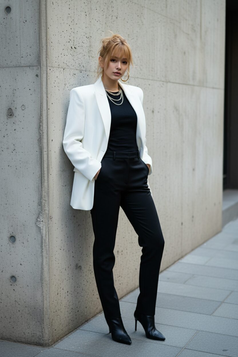 ミニマルなコンクリートの建物を背景に、誇張されたパワーショルダーが特徴的な、オーバーサイズの白いブレザーを纏ったモデルが、自信に満ちた表情でポーズをとっているプロのファッション写真。