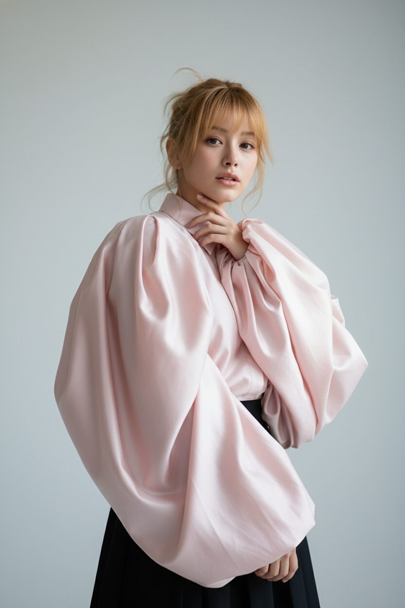 柔らかなパステルピンクのシルクブラウスを着たモデルのクローズアップ写真。雲のように巨大なバルーンスリーブが特徴で、拡散した柔らかい光がシルクの繊細な質感と袖のボリュームを際立たせている。