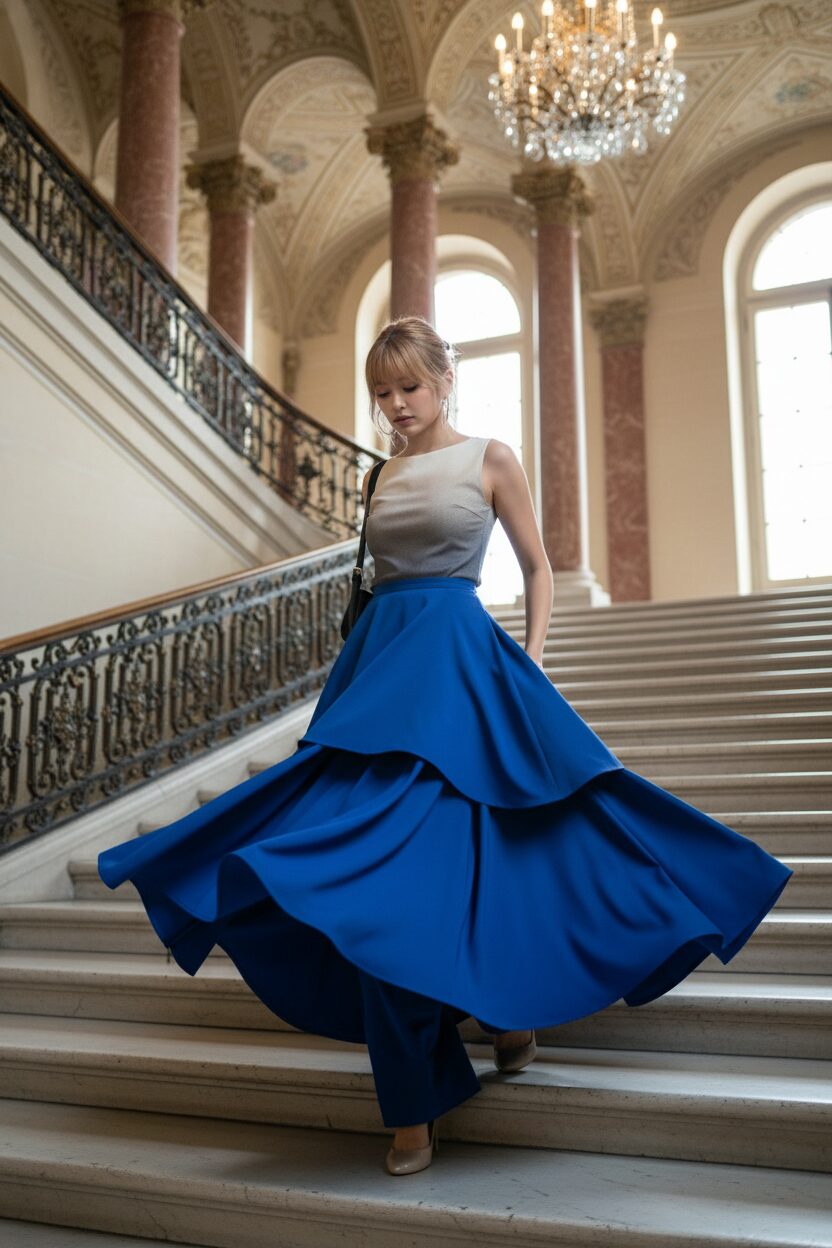 壮大な階段を降りる、大胆なコバルトブルーのアシンメトリーなドレープスカートを履いた女性。彼女の動きに合わせてスカートが舞い、そのユニークな構造が強調されている、エレガントで動きのあるショット。