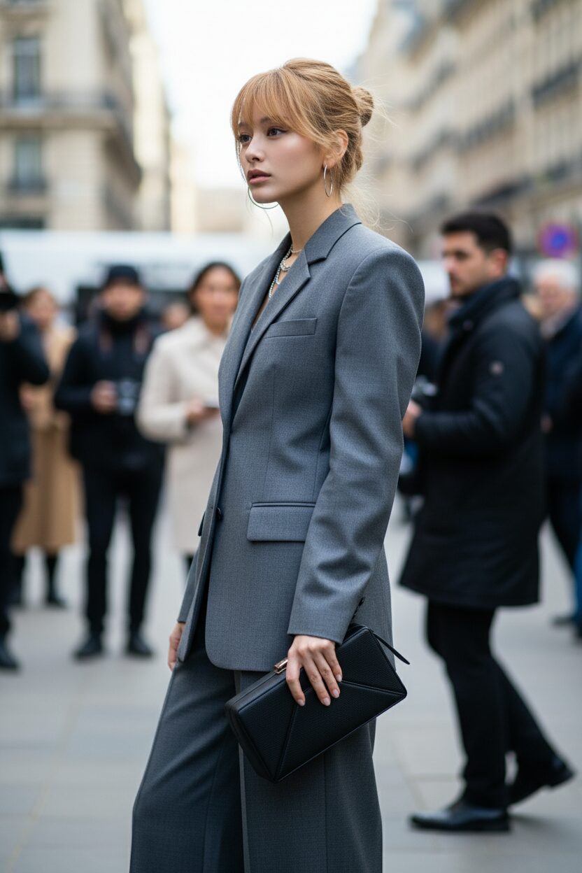ファッションウィーク会場前で撮影されたストリートスナップ。シャープなグレーのパワーショルダージャケットに、テーラードのワイドパンツを合わせ、幾何学的なクラッチバッグを持った女性が、クールでパワフルな雰囲気で横を向いている。