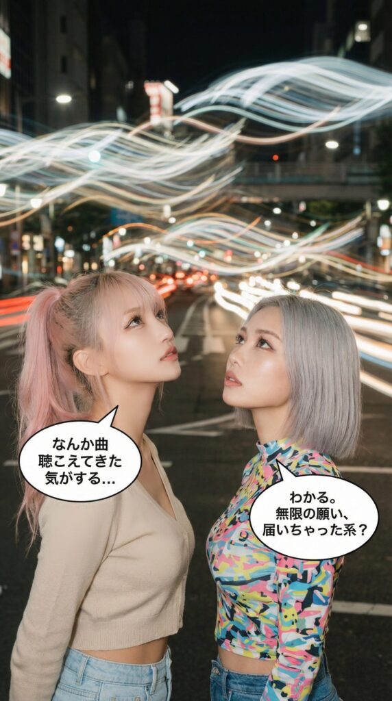 光のウェーブを見上げる二人の女性