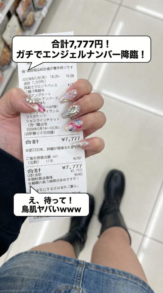縦長画面いっぱいに表示された7777円のレシート画像