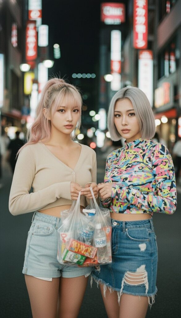 夜の街でコンビニ袋を持つ二人のギャルの実写画像