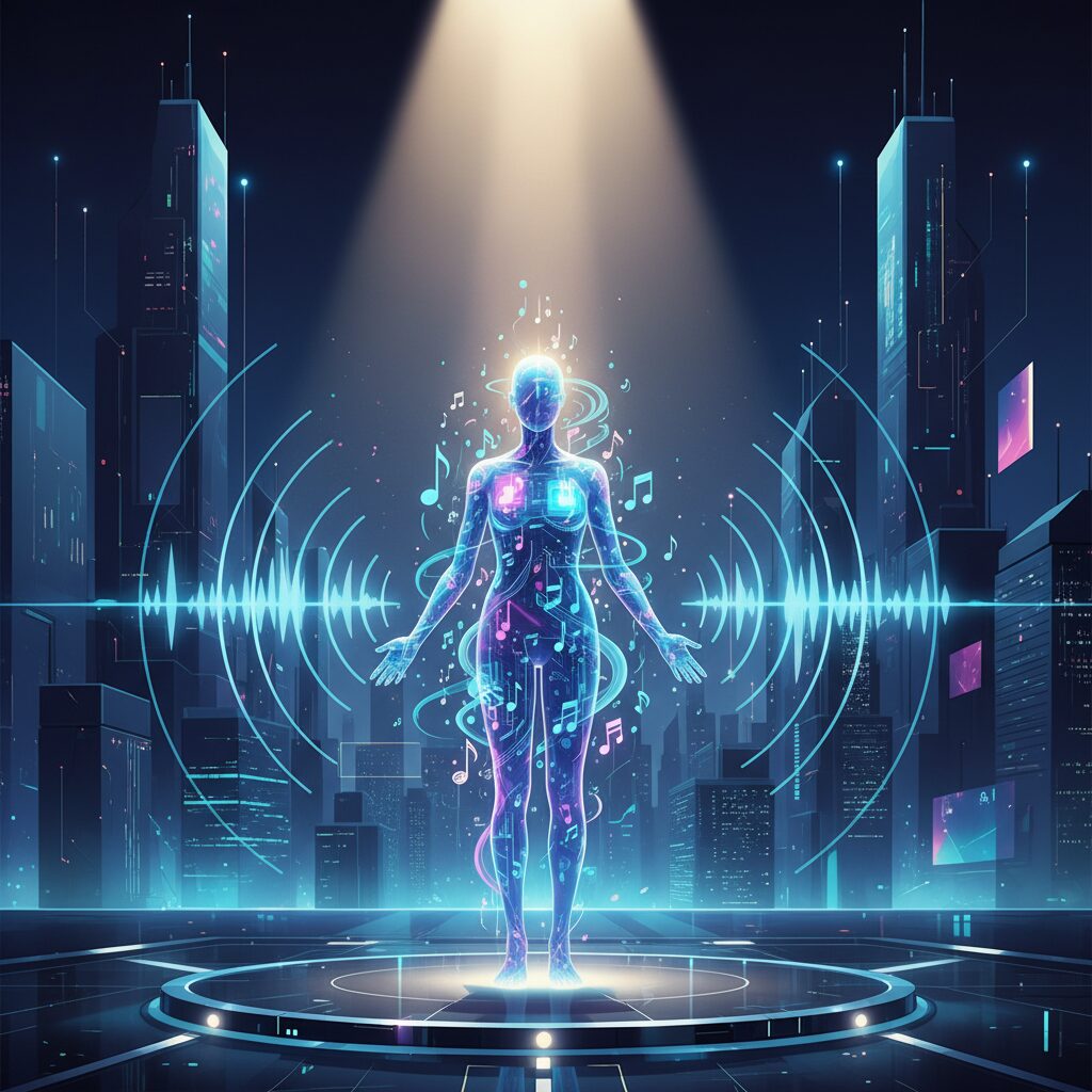 音楽の音符とデジタルラインで構成された、幻想的で輝くAIエンティティがステージに堂々と立ち、電波が放たれ、スポットライトを浴びている様子。未来的な音楽の到来を象徴している。