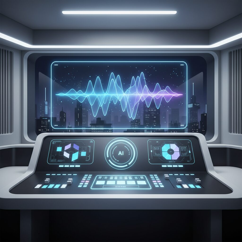 洗練されたミニマルなラジオスタジオのコントロールパネル。AI駆動のインターフェースが光り、複雑なパターンを示す音波ビジュアライザーが表示されており、AI音楽の画期的な進歩を反映している。