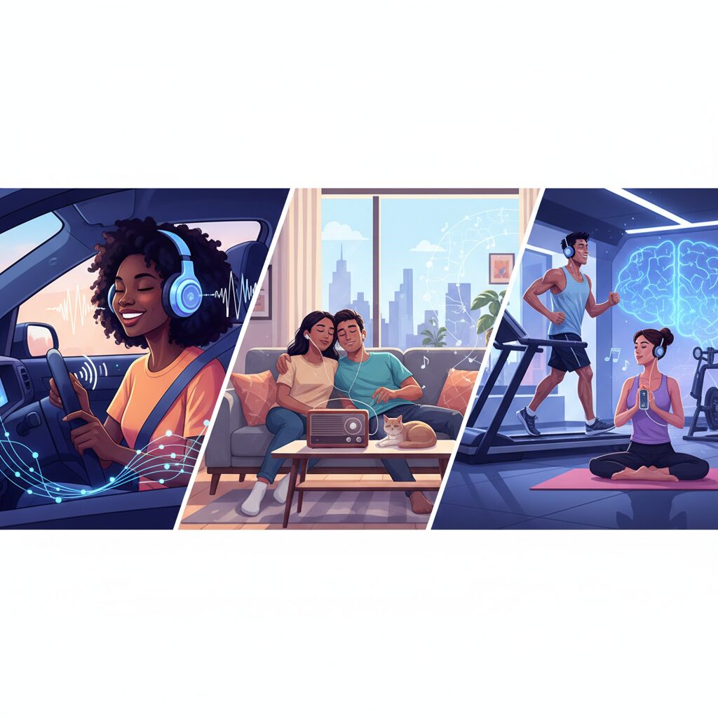車内、自宅、ジムなど様々な場所で、ヘッドホンをつけたりラジオを聴いたりしている多様な人々が、音楽に魅了されている様子。AIが生成した音楽が人々に受け入れられ、楽しませていることを示唆している。