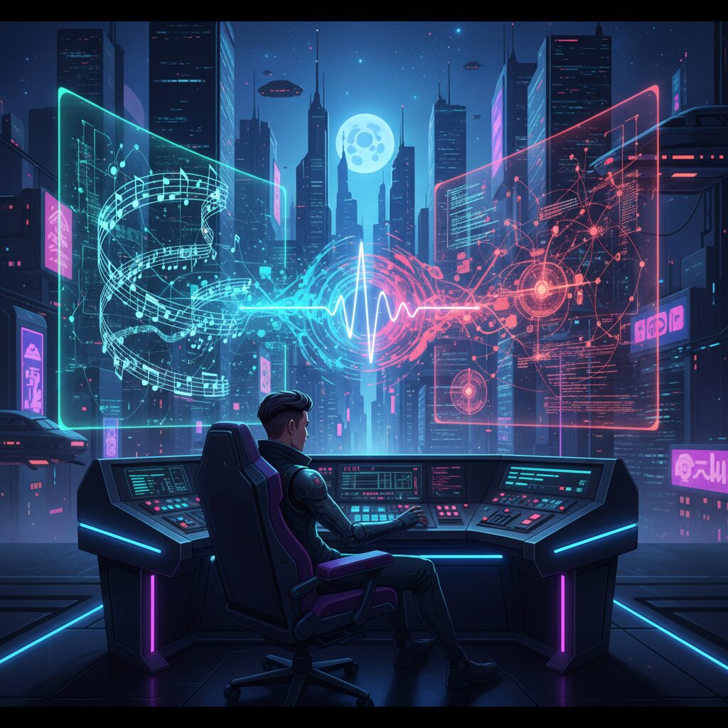 音楽スコアのホログラフィック投影とAIアルゴリズムが調和して機能している未来的なサウンドエンジニアのコンソール。音楽制作における人間の創造性と人工知能の融合を示している。