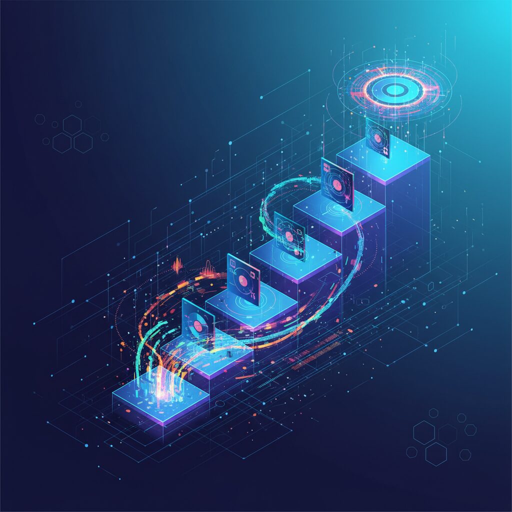 AIが生成した楽曲タイトルがトップに躍り出る音楽チャートの様式化された表現。デジタル要素と抽象的な音波が統合されており、AI音楽の急速な台頭を象徴している。