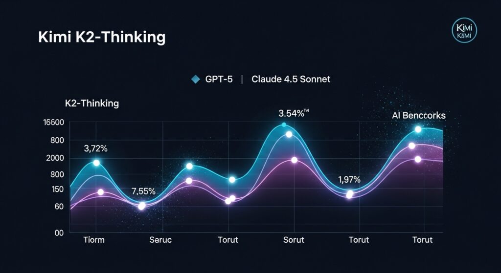 Kimi K2-Thinkingのロゴと、GPT-4、Claude 4.5 Sonnetのロゴが比較される図。性能ベンチマークでKimi K2-Thinkingが優位に立つ様子をグラフィカルに表現している。