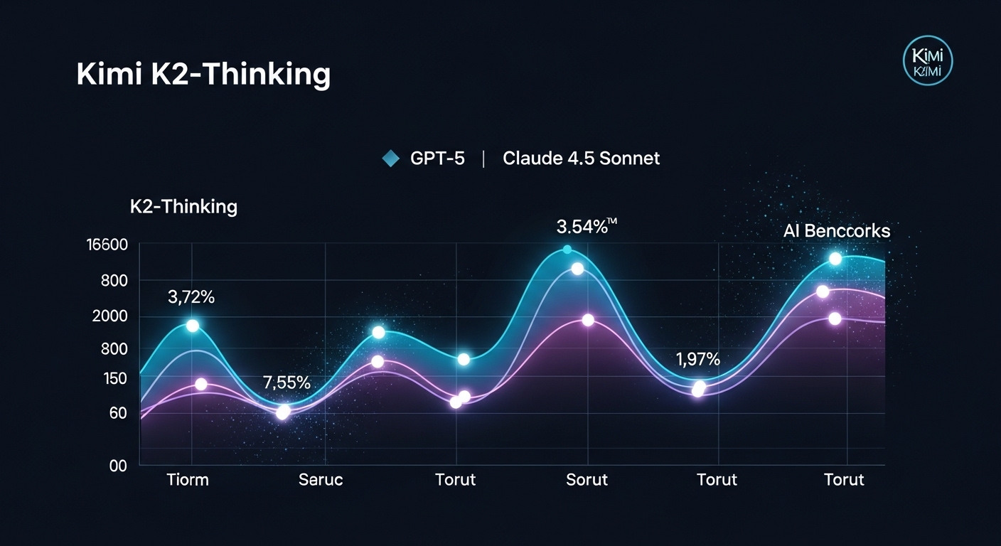 Kimi K2-Thinkingのロゴと、GPT-4、Claude 4.5 Sonnetのロゴが比較される図。性能ベンチマークでKimi K2-Thinkingが優位に立つ様子をグラフィカルに表現している。
