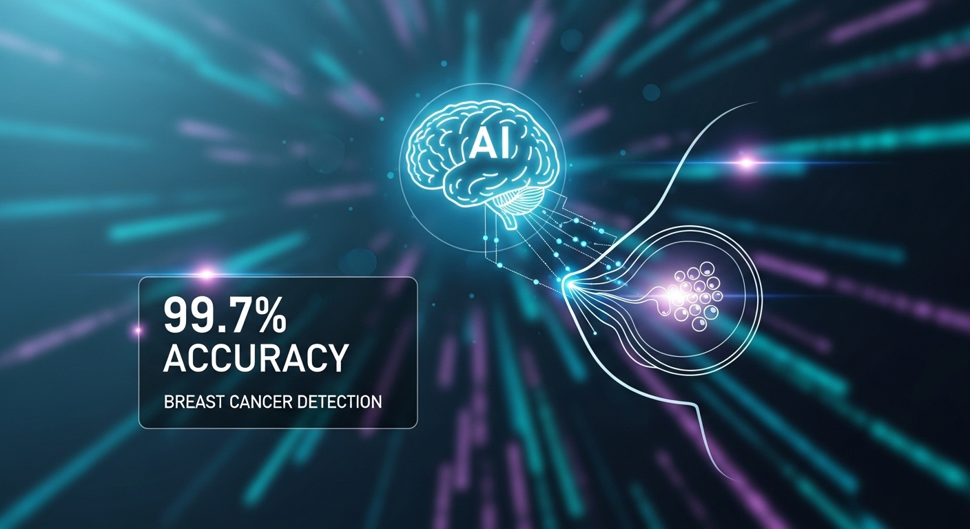 高解像度の乳房組織画像と、それを分析するAIの視覚化がオーバーレイされたデジタル医療スクリーン。