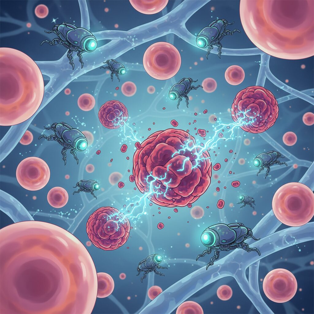 AI搭載のナノボットが体内の癌細胞を標的とし破壊している顕微鏡視点。非常に詳細な医療イラスト。