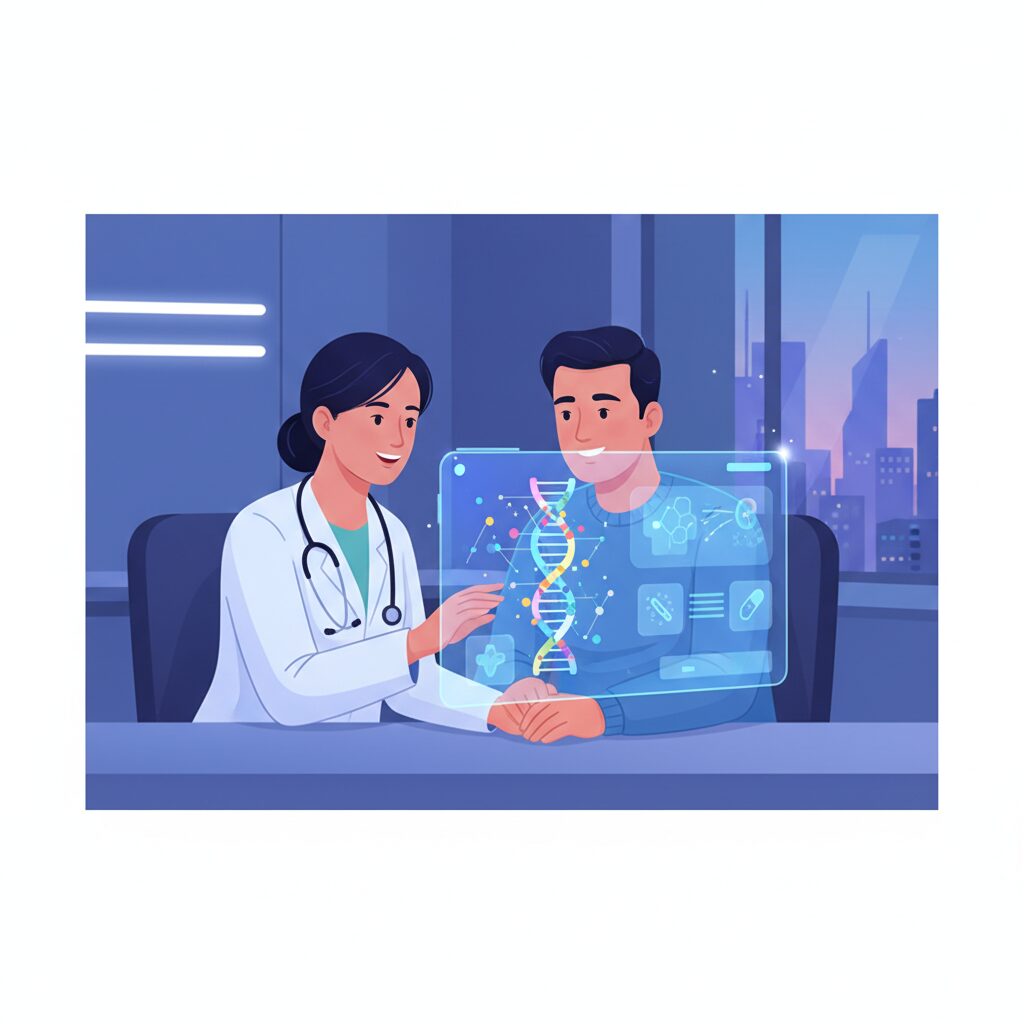 医師と患者が、AIが生成したパーソナライズされた治療計画をホログラフィックディスプレイで確認している様子。遺伝子マーカーと標的治療が表示されており、希望に満ちた雰囲気。16:9のアスペクト比。