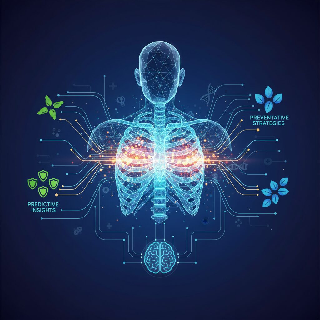 データフローとAIアルゴリズムが癌のリスクを予測し、予防策を提案するために機能している抽象的な表現。未来的な、光る線と相互接続されたノード。16:9のアスペクト比。