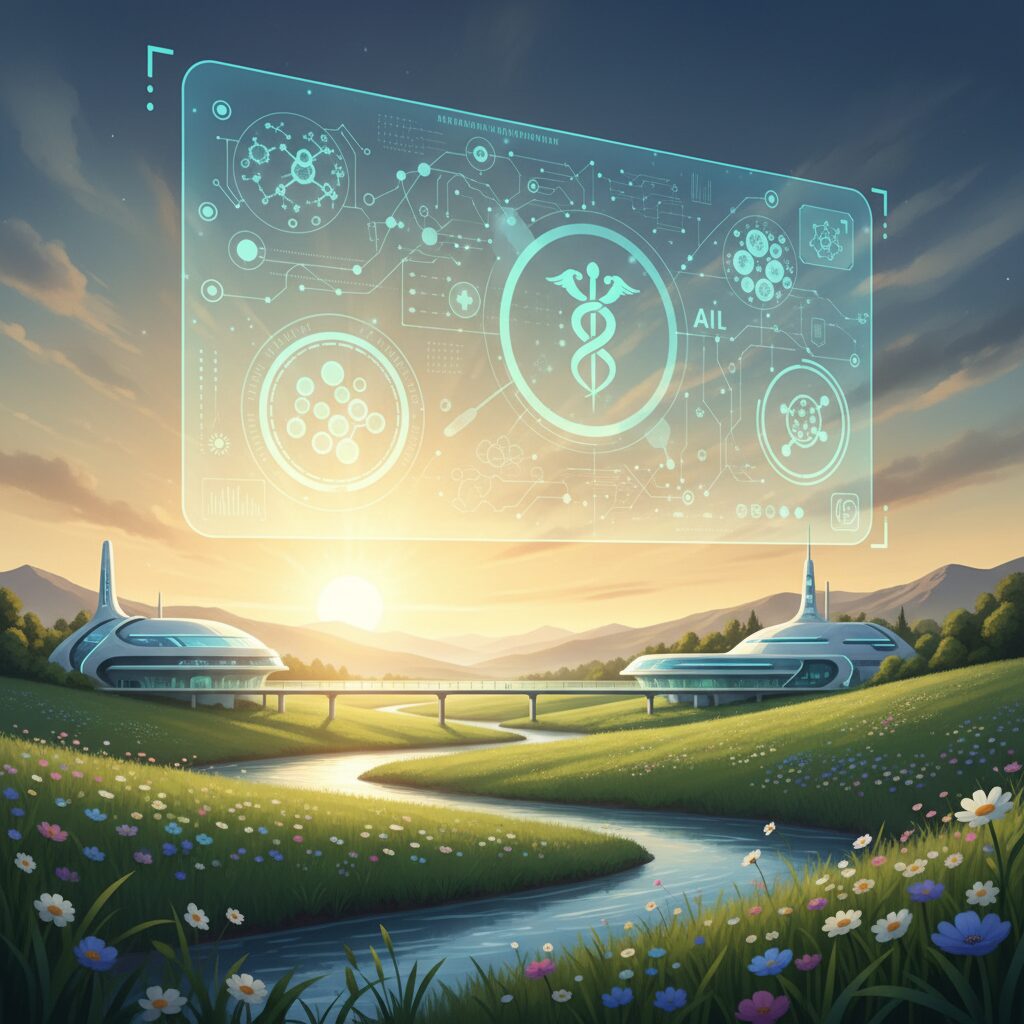 癌が治療可能になった未来を象徴する、穏やかで希望に満ちた風景に、AIインターフェースが subtly overlay されている様子。太陽が輝き、緑の野原、医療の勝利。16:9のアスペクト比。