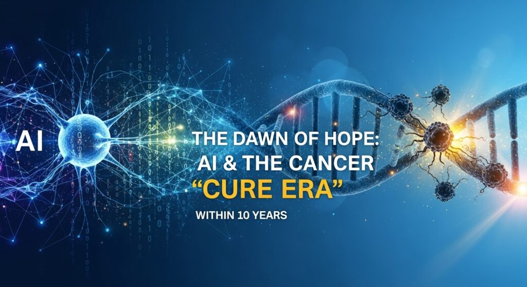 医療現場でAIががん細胞の画像データと患者の遺伝子情報を分析している様子。精密医療の未来を象徴するイメージ。