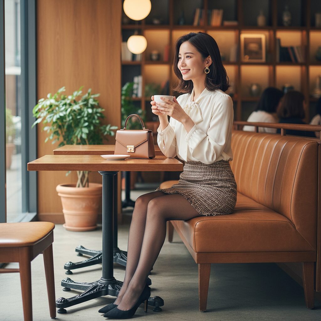 おしゃれなカフェの窓際で、コーヒーを楽しむ20代半ばの日本人女性。ブラウン系のツイードミニスカートに、リボン付きのオフホワイトのシルクブラウスを合わせ、上品な秋のカフェデートコーディネートを披露している。