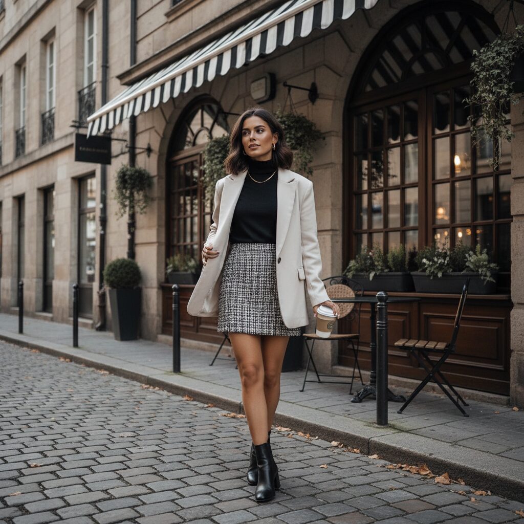 ヨーロッパ風の街並みにあるカフェの前でポーズをとる20代後半の女性。白黒のツイードミニスカートに黒のタートルネック、オーバーサイズのベージュジャケットを羽織り、黒のアンクルブーツを合わせた、クールで洗練された秋のコーディネート。
