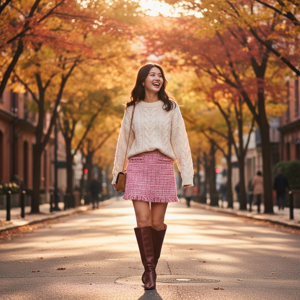 紅葉が美しい並木道を歩く、若い日本人女性。ピンクと白のツイードミニスカートに、クリーム色のケーブルニットセーター、ブラウンのニーハイブーツを合わせた、暖かみのあるキュートな秋のコーディネート。