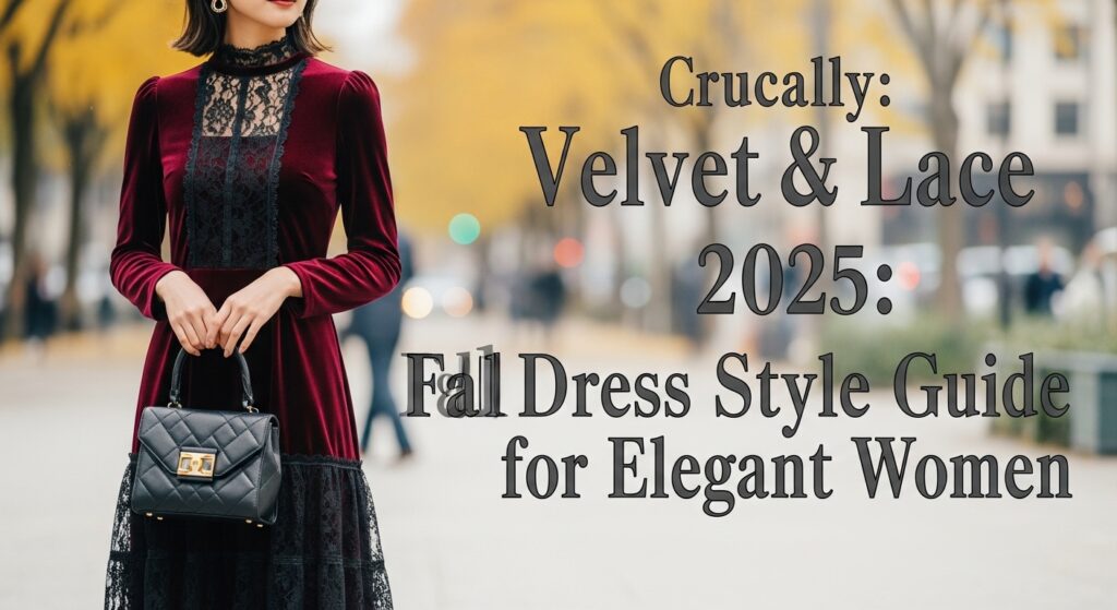 秋の街角でボルドーのベルベットドレスに黒の繊細なレースをレイヤードした上品な日本人女性のコーディネート