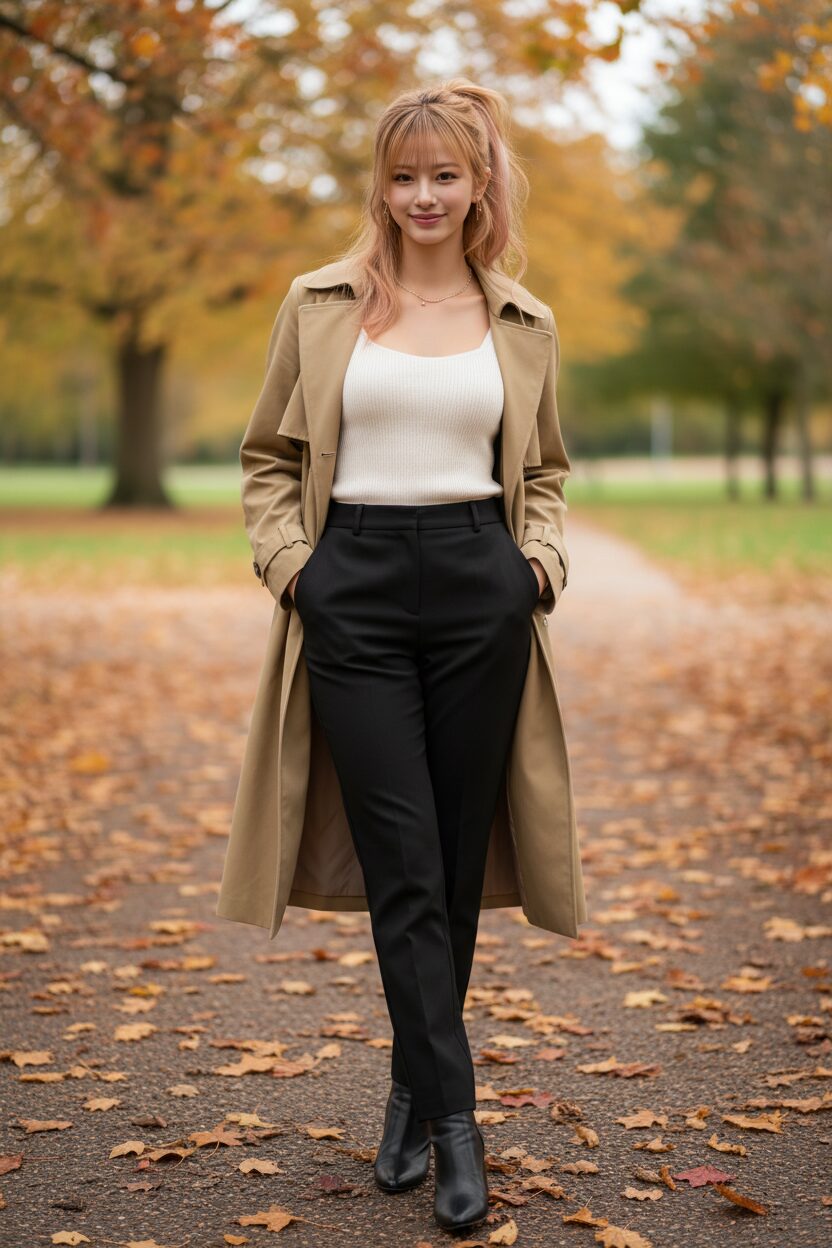 クラシックなカーキ色のトレンチコートを少し開けて、中に着た白のスクエアネックリブニットを見せている女性の全身写真。黒のストレートパンツとアンクルブーツを合わせ、落ち葉が敷き詰められた秋の公園に立つ、エレガントでタイムレスなコーディネート。