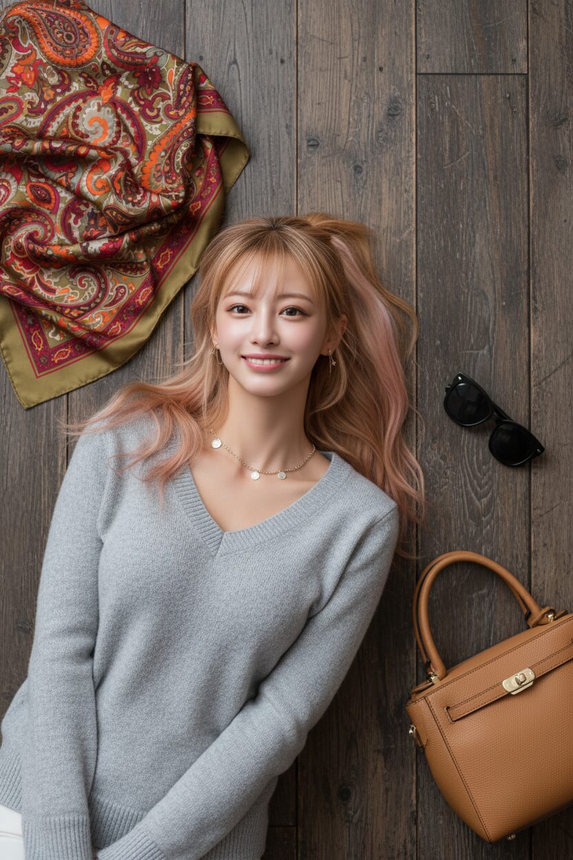 ラスティックな木製の背景に、秋のファッションアイテムがおしゃれに並べられた置き画。グレーのカシミアVネックセーター、繊細なシルバーのコインネックレス、ペイズリー柄のシルクスカーフ、エレガントなサングラス、そしてレザーハンドバッグがコーディネートされている。