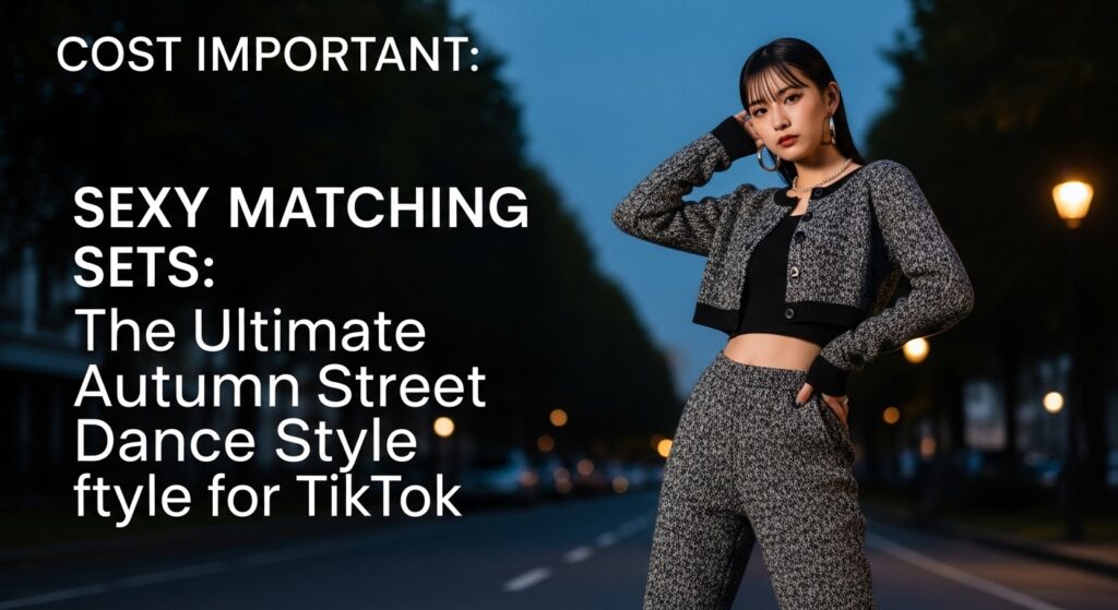 秋の夕暮れのストリートで、クロップド丈のセットアップを着てポーズをとる日本人女性ダンサー