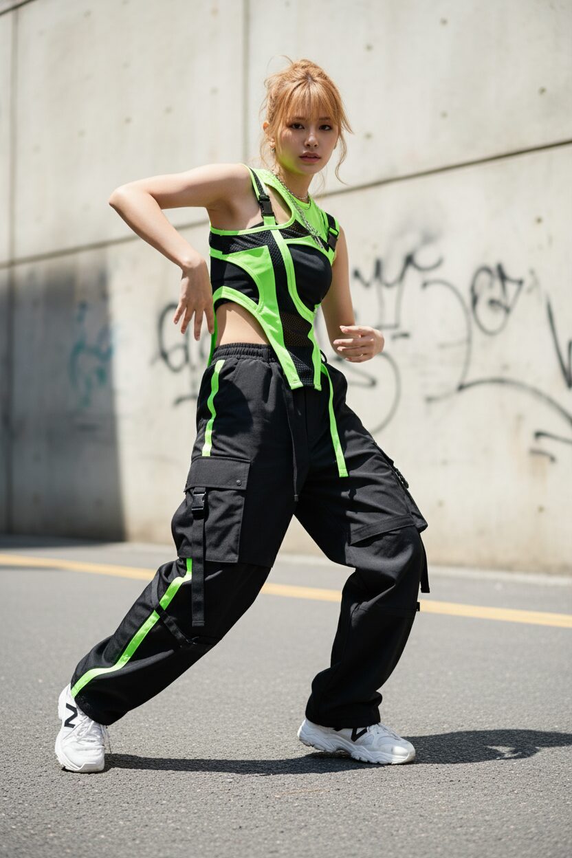 ネオングリーンと黒のスポーティーなセットアップを着て、ダイナミックなヒップホップの動きを見せる日本人ダンサー