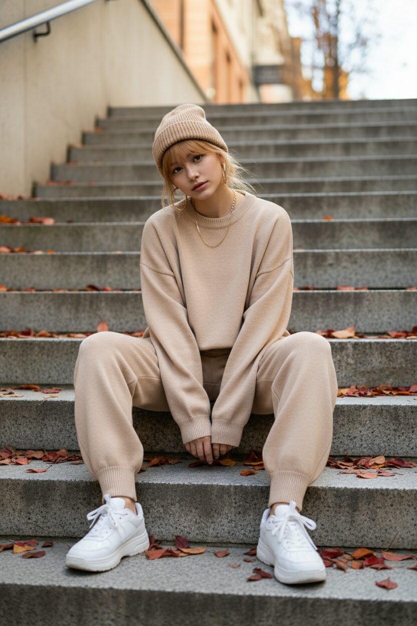 コンクリートの階段に座り、カメラを見下ろすダンサーのローアングルショット