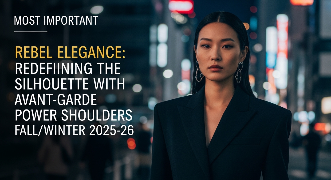 近未来的なネオンが輝く東京の夜景を背景に、シャープなシルエットの黒いアバンギャルド・パワーショルダージャケットを着こなす、アジア系のファッションモデル。その表情は自信に満ち溢れている。