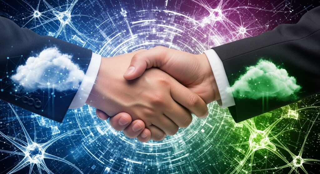 青と緑の光が交差し、巨大なデータセンターのサーバーラックとAIを表す光る脳のアイコンが融合しているイメージ。AWSとOpenAIの提携による生成AIの未来を示唆。