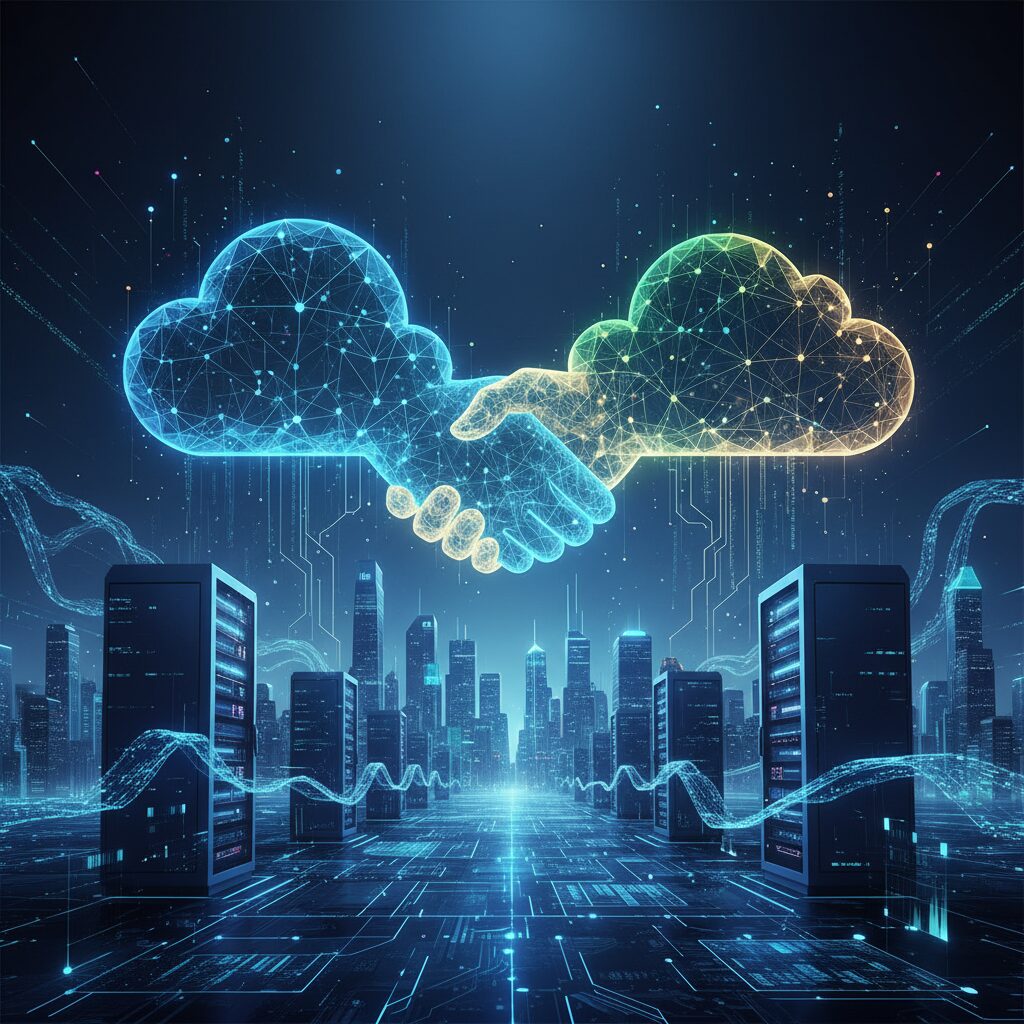 AWSとOpenAIのロゴが巨大なデジタル風景の上で握手している。光るデータストリームとサーバーが広がるデジタルランドスケープは、戦略的提携と大規模なインフラ投資を象徴している。未来的なハイテク感のあるワイドショット。