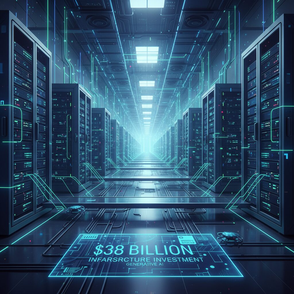 地平線まで続く巨大なサーバーラックが青と緑の光で輝く、非常に詳細で未来的なデータセンター。380億ドル規模の生成AIインフラ投資を表現しており、その規模と先進技術に焦点を当てている。