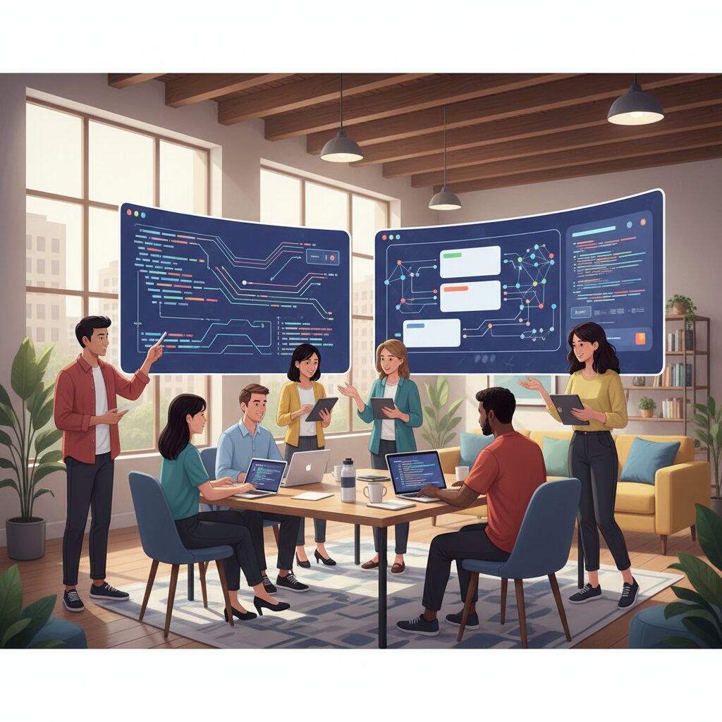 明るくモダンなコワーキングスペースで、多様な開発者と研究者たちが協力し、複雑なAIモデルとコードを表示する画面を見ている。Amazon Bedrockのインターフェースがさりげなく見え、革新と協力を強調している。