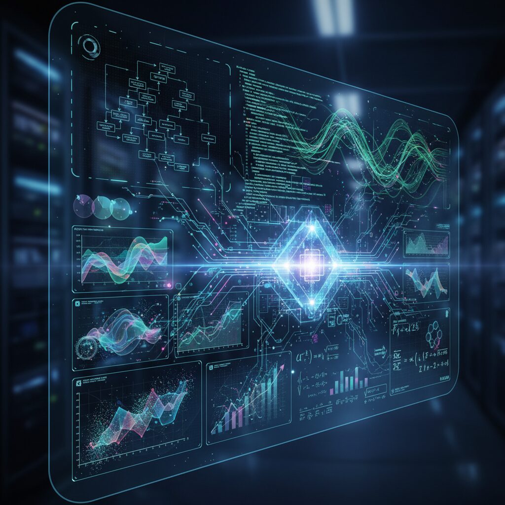 エージェント型ワークフロー図、急速に生成されるコードの行、科学データ分析グラフ、自動的に解決される数式など、多様なAIアプリケーションを抽象的に視覚化したもの。これらすべてが未来的なインターフェース上でシームレスに統合されており、広範な用途を示している。