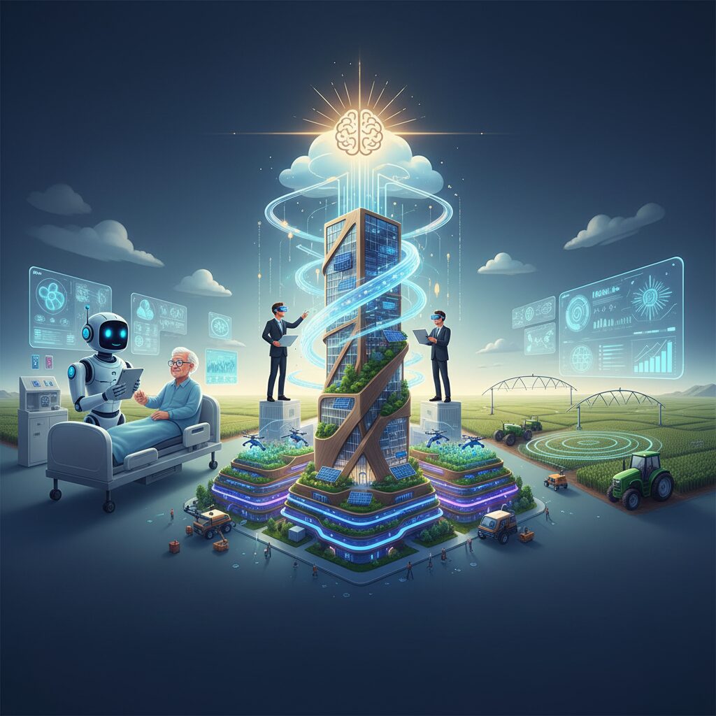 高度な生成AIが様々な産業に与える肯定的な影響を示す幻想的な風景。医療を支援するロボット、持続可能な建築を設計するAI、スマート農業システムなどが描かれ、これらすべてが堅牢なクラウドインフラによって支えられている。楽観的で未来志向のイメージ。