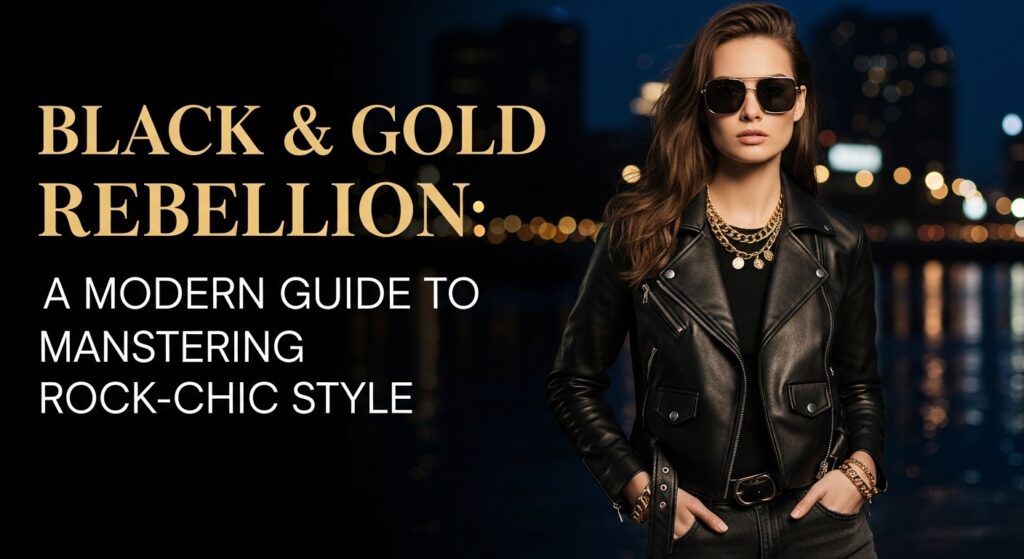 黒のライダースジャケットにゴールドのアクセサリーを合わせた女性が、夜の街を背景にクールにポーズをとっているロックシックなファッションスタイル。