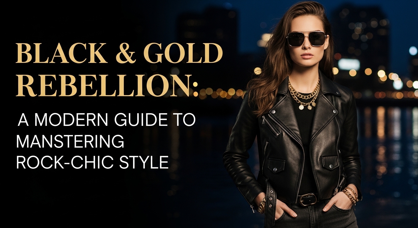 黒のライダースジャケットにゴールドのアクセサリーを合わせた女性が、夜の街を背景にクールにポーズをとっているロックシックなファッションスタイル。