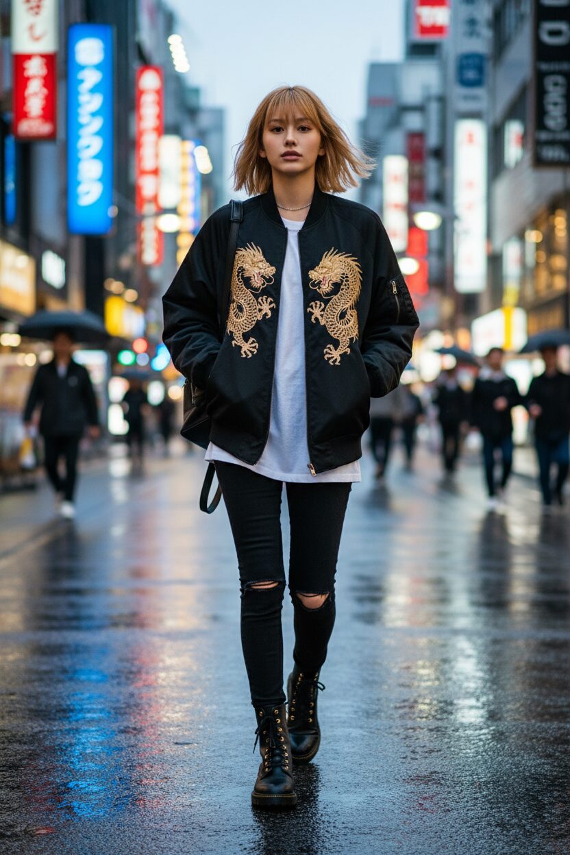夕暮れの東京、雑踏の中を颯爽と歩く女性のストリートスナップ。背中に龍の金の刺繍が施されたオーバーサイズの黒いボンバージャケットが印象的だ。インナーはバンドTシャツ、ダメージ加工の黒いスキニージーンズに、金のハトメがアクセントのコンバットブーツを合わせている。ネオンが濡れた路面に反射する背景が、都会的でエネルギッシュな雰囲気を醸し出す。