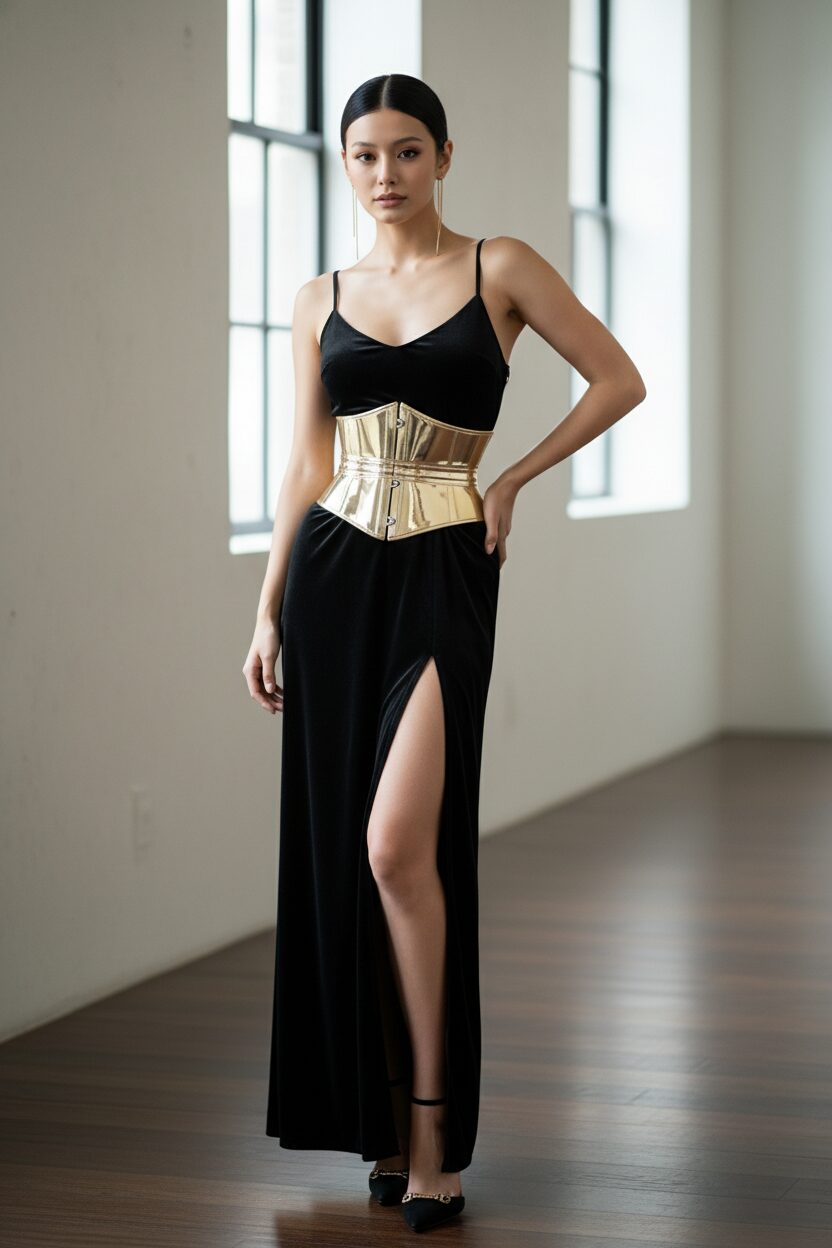 モダンでミニマルな室内で、艶やかな黒髪の女性がポーズをとっている。床まで届く丈の黒いベルベットのスリップドレスを身にまとい、深いスリットから脚がのぞく。ウエストには幅広のメタリックなゴールドのコルセットベルトが巻かれ、スタイルを強調している。ゴールドの長いイヤリングと、ゴールドのディテールが施された黒のスティレットヒールが、ラグジュアリーで力強い印象を与える。