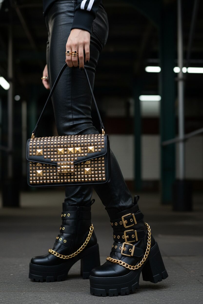 ロックシックなコーディネートのディテールに焦点を当てたクローズアップ。黒のレザーパンツに、ゴールドのバックルとチェーンが多数ついた厚底の黒いブーツを履いた人物の足元が写る。黒いマニキュアとゴールドリングで飾られた手が、ゴールドのスタッズが打たれた黒いレザーハンドバッグの上に置かれている。背景はぼやけた暗い都会の風景で、全体のハードな雰囲気を高めている。