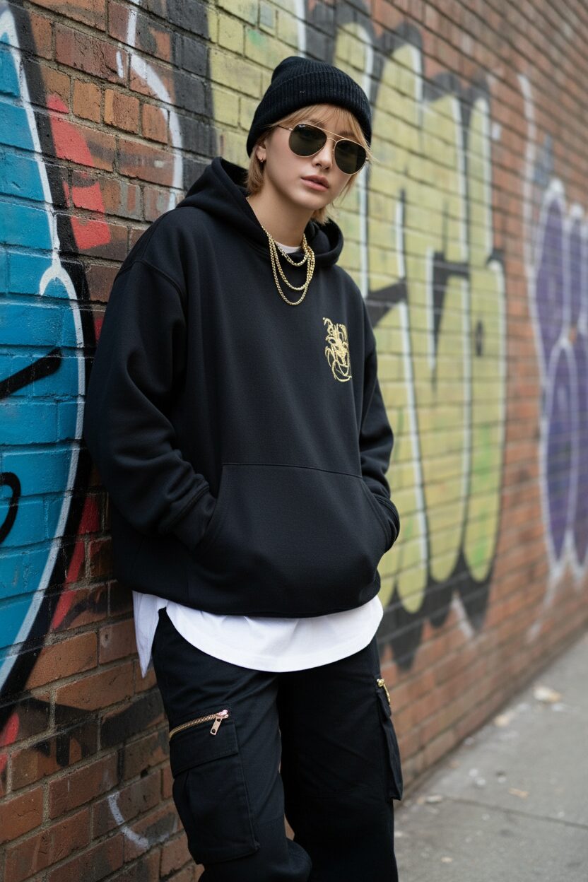 グラフィティアートが描かれたレンガの壁にもたれかかる、スタイリッシュな人物。胸にゴールドのプリントが入った黒のオーバーサイズフーディーに、白いTシャツをレイヤードしている。黒のカーゴパンツにはゴールドのジッパーが光る。黒いビーニー帽とゴールドフレームのサングラスが、アンダーグラウンドで反骨的な雰囲気を醸し出している。