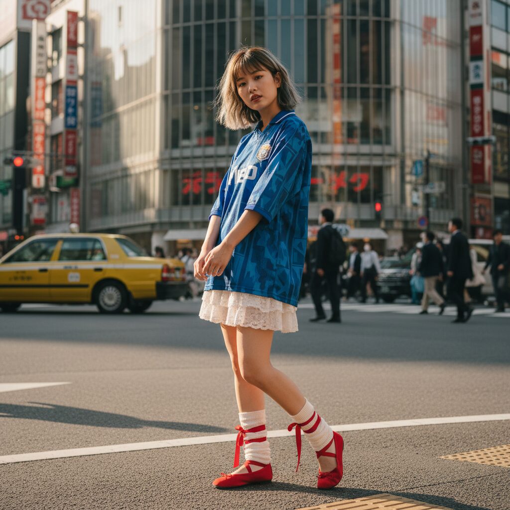 東京の雑踏を背景に、オーバーサイズの青いサッカーユニフォームに、白いレースのティアードミニスカート、そして赤いバレエシューズと白いルーズソックスを合わせたブロケットコアスタイルの若い日本人女性。自信に満ちた表情でポーズをとっているストリートスナップ風の一枚。