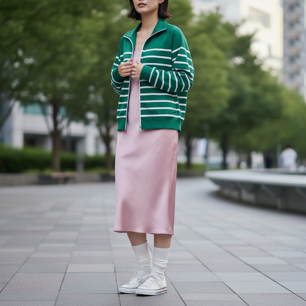 ブロケットコアスタイルのコーディネートのクローズアップ写真。緑と白のストライプ柄トラックジャケットに、繊細なピンク色のサテンスカート、そして厚手の靴下とクラシックな白のスニーカーを合わせている。背景は少しぼやけた都会の公園。