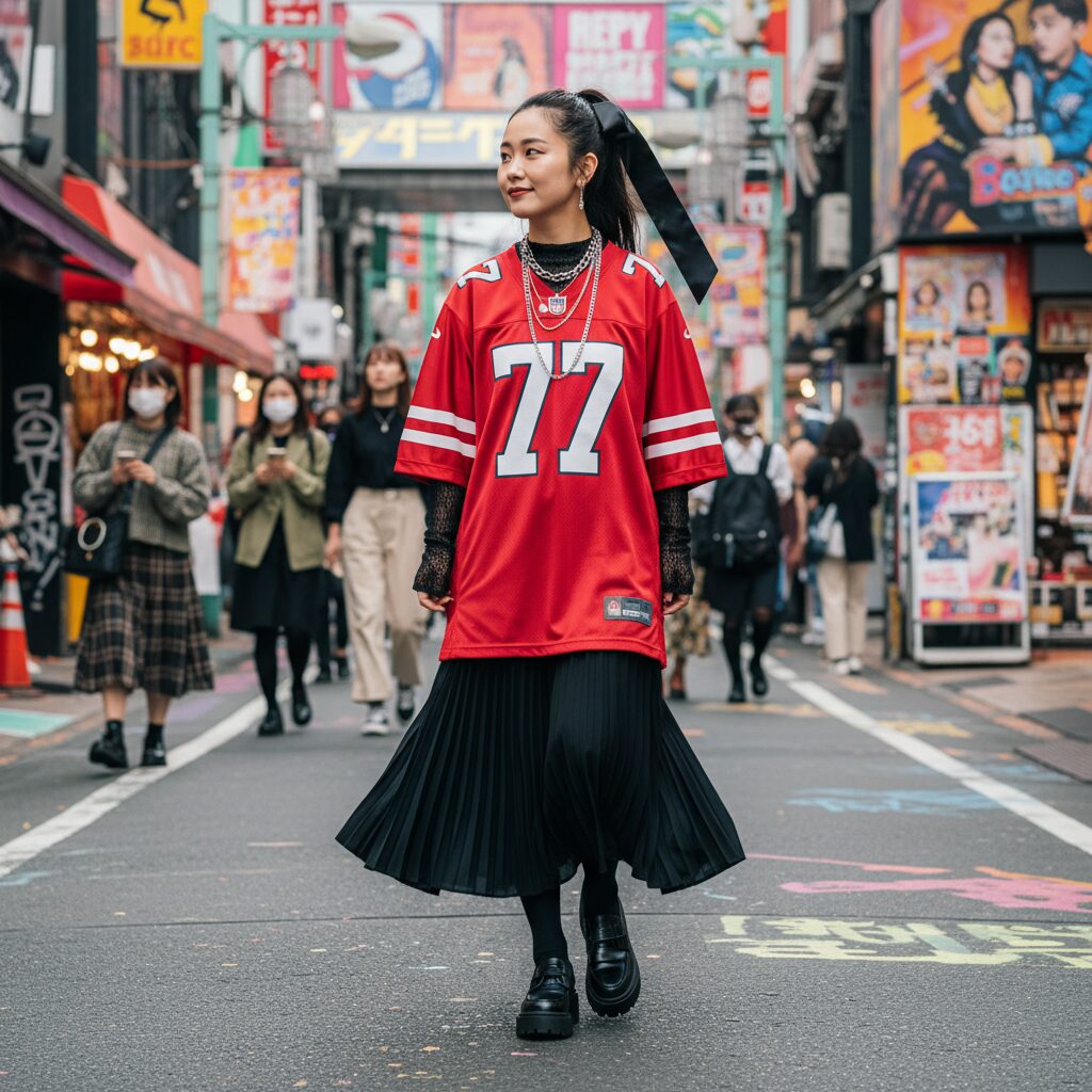 原宿のストリートを歩く20代前半のおしゃれなアジア人女性。赤いオーバーサイズのサッカーユニフォームの下に黒のメッシュトップスを重ね着し、黒のプリーツミディスカートと厚底ローファーを合わせている。大きな黒いリボンで髪を結び、上級者向けのブロケットコアスタイルを披露している。