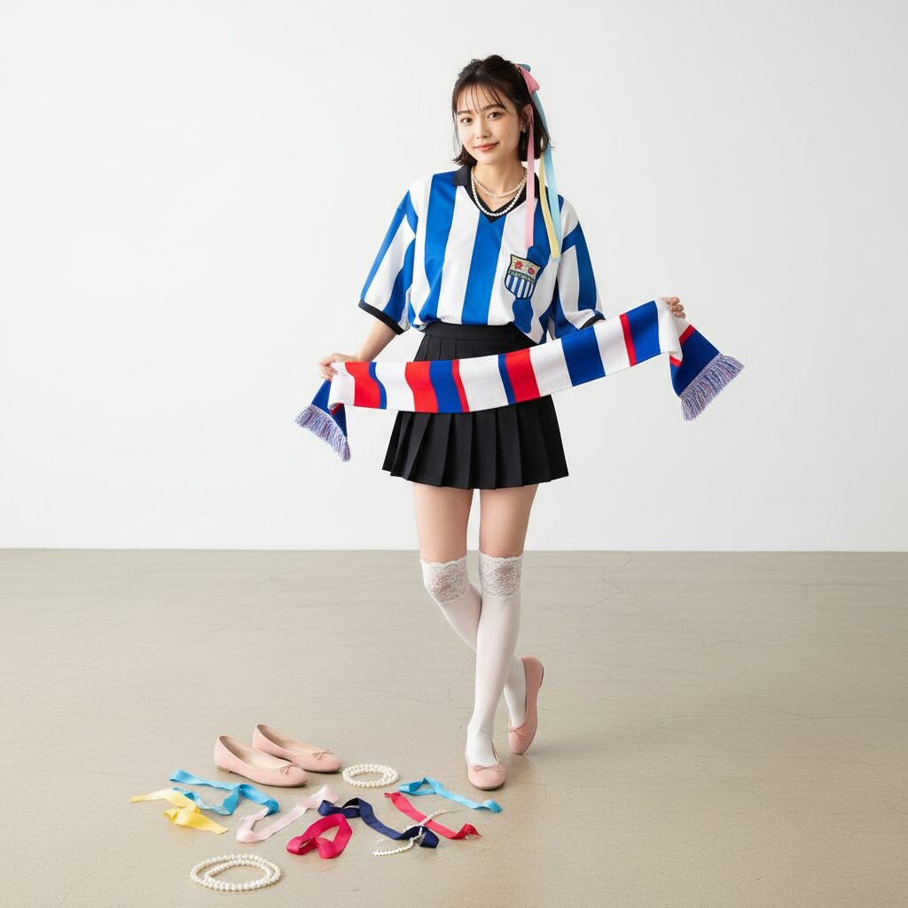 ブロケットコアスタイルを構成する小物類の置き画。ピンクのバレエシューズ、ヴィンテージのサッカーマフラー、パールネックレス、そしてカラフルなヘアリボンが、ニュートラルな背景の上にセンス良く並べられている。