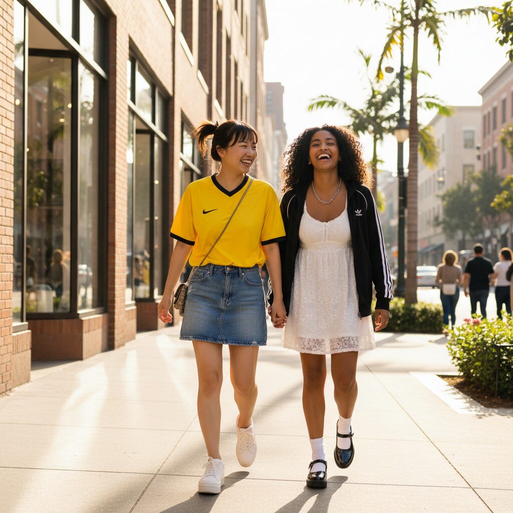 晴れた日の街を笑いながら歩く、多様な二人の友人。一人は黄色のサッカーユニフォームにデニムのミニスカートとスニーカー、もう一人は白いベビードールドレスの上に黒のトラックジャケットを羽織り、メリージェーンを履いている。それぞれの個性が光るブロケットコアスタイルを楽しんでいる。