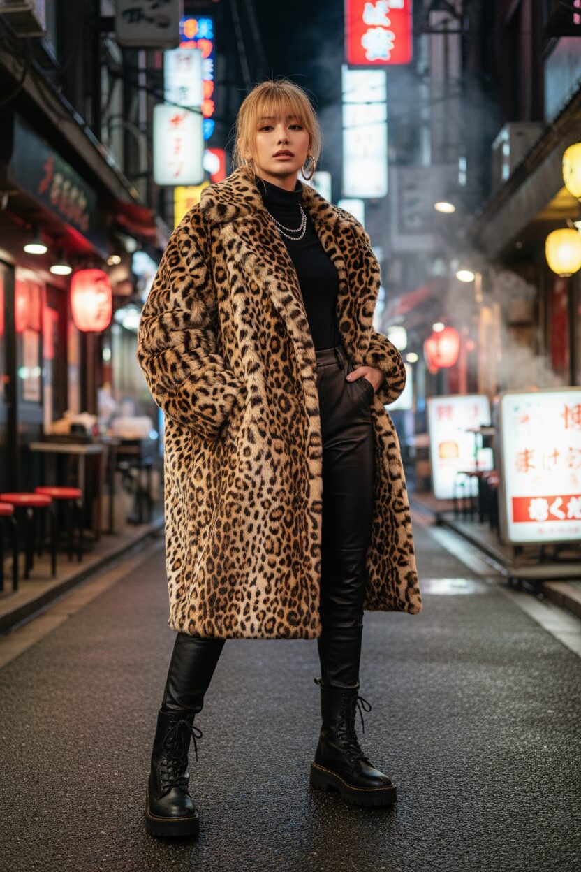 夜の新宿思い出横丁のネオンを背景に、レオパード柄のフェイクファーコートを主役にした20代後半の日本人女性。黒のレザースキニーパンツと厚底ブーツを合わせ、クールでエッジの効いたストリートスタイルを披露している、ダイナミックなアングルのファッション写真。